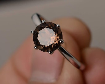 Natural Smoky Quartz Ring Silver Solitaire Ring Round Cut Engagement Gemstone Ring