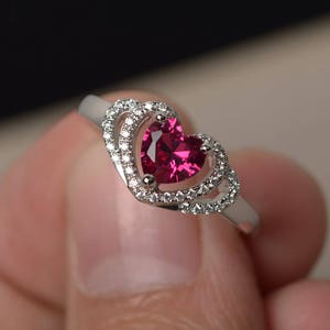 Red Ruby Anniversary Rings July Birthstone Heart Cut Gems Rings Silver ...