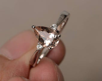 Natural Pink Morganite Ring Pear Cut Engagement Ring Pink Gemstone Ring Sterling Silver Ring