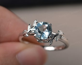 Aquamarine Ring Round Shaped Leaves White Gold Ring Turquoise Engagement Ring