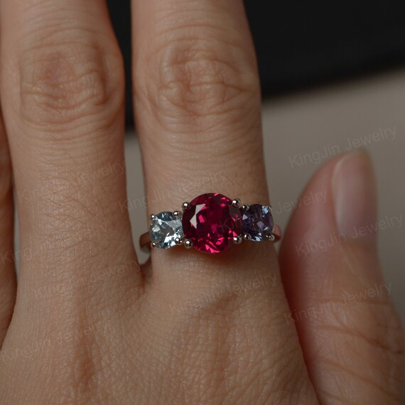 Three Stone Ring Round Cut Aquamarine 