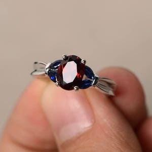 Anniversary Rings Natural Red Garnet Rings January Birthstone Oval Cut Red Gemstone Sterling Silver Rings Blue Sapphire Accents