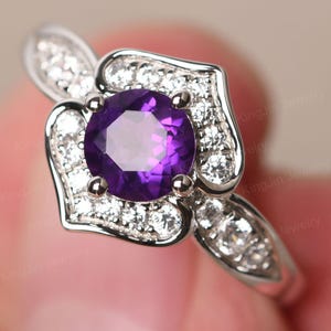 Unique Amethyst Promise Ring Sterling Silver Round Cut Purple Stone February Birthstone Ring