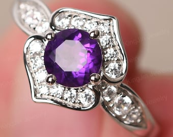 Unique Amethyst Promise Ring Sterling Silver Round Cut Purple Stone February Birthstone Ring