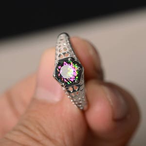 Wedding Rings Real Mystic Topaz Rings Rainbow Topaz Sterling Silver Rings Round Cut Rainbow Gemstone Solitaire Rings