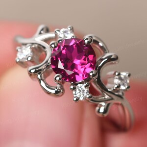 Round Shape 1.02 Carat Ruby Cluster Engagement Ring Sterling Silver July Birthstone Ring