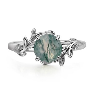 Unique Moss Agate Ring Round Shaped 7x7 mm Sterling Silver Twig Engagement Ring