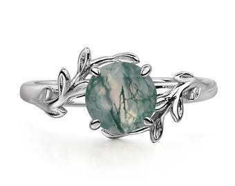 Unique Moss Agate Ring Round Shaped 7x7 mm Sterling Silver Twig Engagement Ring