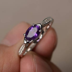 Natural Amethyst Ring Engagement Ring February Birthstone Ring Purple Gemstone Oval Cut Gemstone Sterling Silver Ring