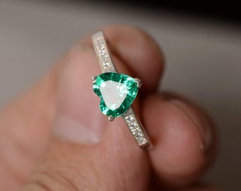 Lab Emerald Ring Heart Gemstone Ring Promise Ring For Her May Birthstone Ring Sterling Silver Ring