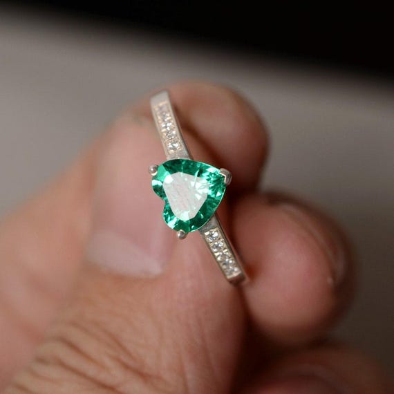 Lab Emerald Ring Heart Gemstone Ring Promise Ring For Her May Birthstone Ring Sterling Silver Ring