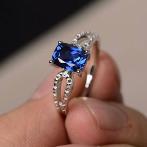 Blue Sapphire Rings Anniversary Rings September Birthstone Sterling Silver Rings Cushion Cut Rings Unique Rings