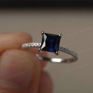 Lab Sapphire Ring September Birthstone Princess Cut Sterling Silver Engagement Ring For Women