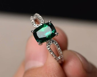 Emerald Rings Emerald Engagement Rings May Birthstone Sterling Silver Rings Cushion Cut Rings Wedding Gifts