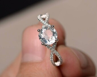 Natural White Topaz Rings Round Cut Gemstone Rings Silver Rings Unique Ring