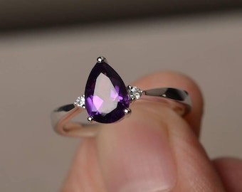 Natural Amethyst Ring Wedding Ring Pear Cut Gemstone February Birthstone Ring Purple Gems Sterling Silver Ring