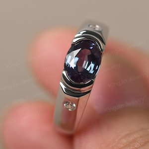 Color Changing Alexandrite Ring for Men Sterling Silver Wedding Ring Oval Shaped June Birthstone Ring