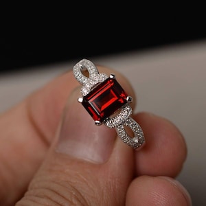 Red Garnet Ring Emerald Cut Engagement Ring Anniversary Gift Silver Gemstone Ring