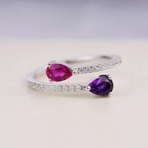Amethyst and Ruby Ring Sterling Silver 2 Stones Mothers Ring Pear Cut Bypass February and July Birthstone Ring