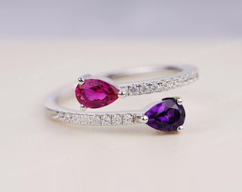 Amethyst and Ruby Ring Sterling Silver 2 Stones Mothers Ring Pear Cut Bypass February and July Birthstone Ring