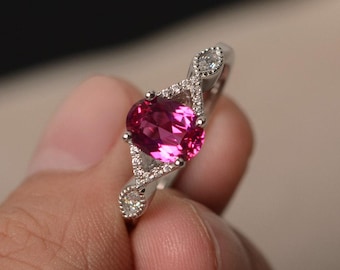 Lab Ruby Rings Ruby Oval Cut Red Stone Rings July Birthstone Sterling Silver Rings Engagement Ring