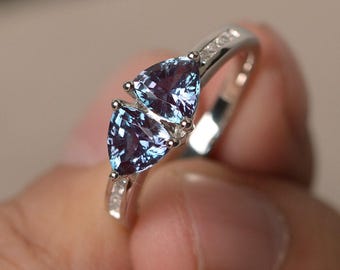 Lab Alexandrite Ring Trillion Cut Color Changing Gemstone Ring Sterling Silver Ring Anniversary Ring