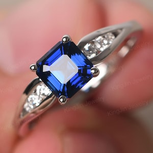 Vintage Saphir Vorschlag Ring mit Channel Setting CZ Silber Asscher Schnitt September Geburtsstein Ring