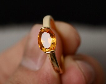 Natural Citrine Ring Solitaire Ring November Birthstone Ring Yellow Crystal Ring Oval Quartz Ring Silver