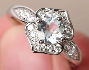 Flower March Birthstone Ring Silver Round Shaped Aquamarine Engagement Ring