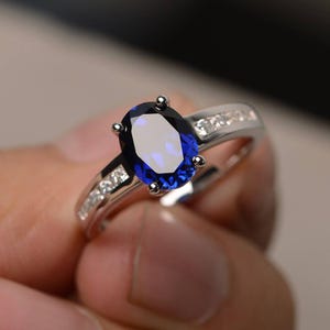 Blue Sapphire Ring Oval Cut Engagement Ring  Blue Gemstone September Birthstone Ring Sterling Silver Ring