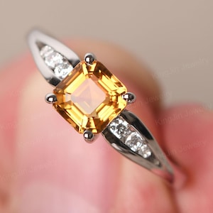 Customized Citrine Bridal Ring 14K White Gold Asscher Cut November Birthstone Ring with Channel Setting CZ