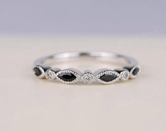 Elegant Black Spinel CZs Ring Marquise Design Stacking Ring - symbolizes strength and protection