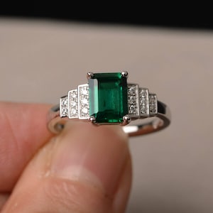 Lab Emerald Ring Engagement Ring Sterling Silver Ring May Birthstone Emerald Cut Green Gemstone Ring