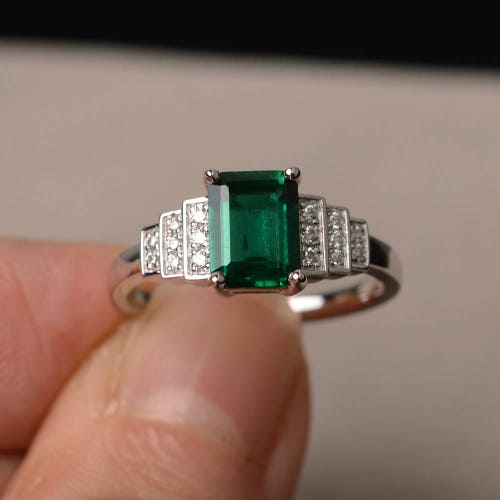 Lab Emerald Ring Engagement Ring Sterling Silver Ring May - Etsy
