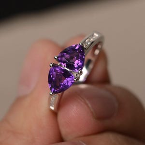 Natural Amethyst Ring Trillion Cut Purple Gemstone  Ring February Birthstone Ring Sterling Silver Ring Engagement Ring