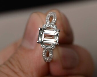 Green Amethyst Ring Promise Ring Silver Gemstone Jewelry Emerald Cut