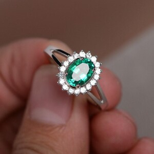 Green Emerald Ring Gemstone Sterling Silver Engagement Ring Wedding May Birthstone Ring