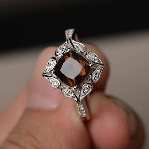Proposal Ring Natural Smoky Quartz Ring Cushion Cut Brown Gemstone Sterling Silver Ring