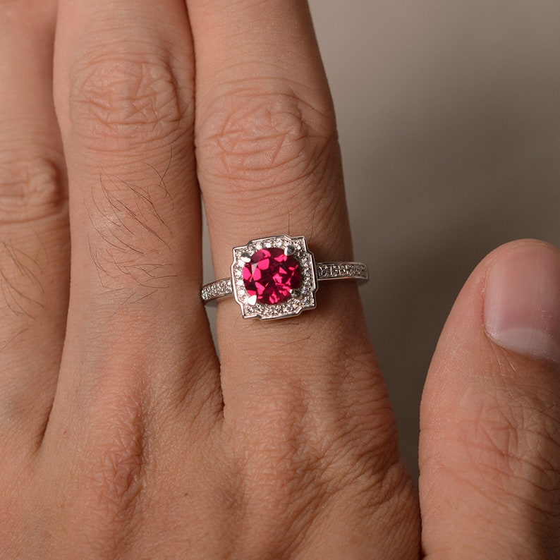 Lab Ruby Rings Round Cut Gemstone Rings Square Halo Rings Engagement Rings for Girl Promise Rings Sterling Silver 925