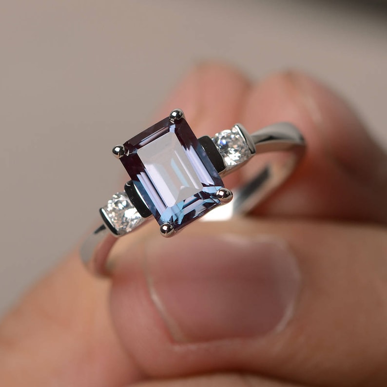 Emerald Cut Alexandrite Promise Ring June Birthstone Solid Silver Color Changing rectangle ring 