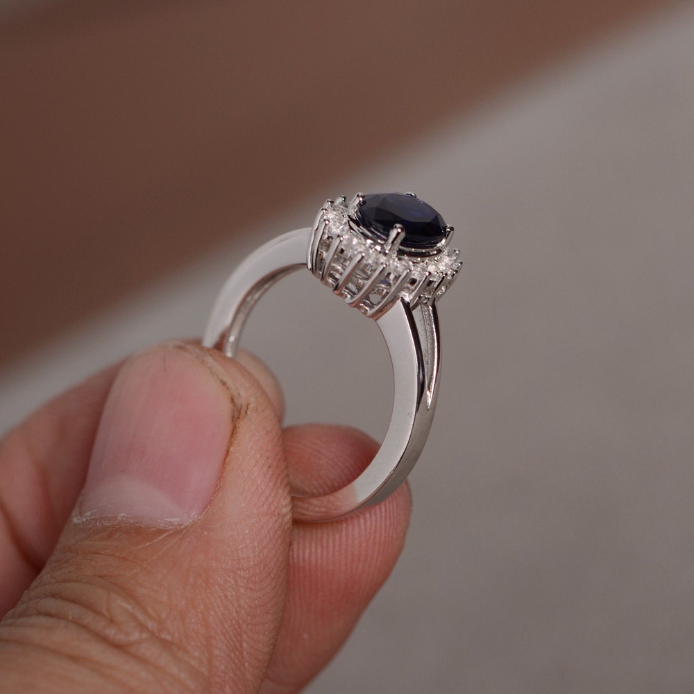 Lab Sapphire Ring Silver Dark Blue Gemstone Ring Promise Ring Etsy
