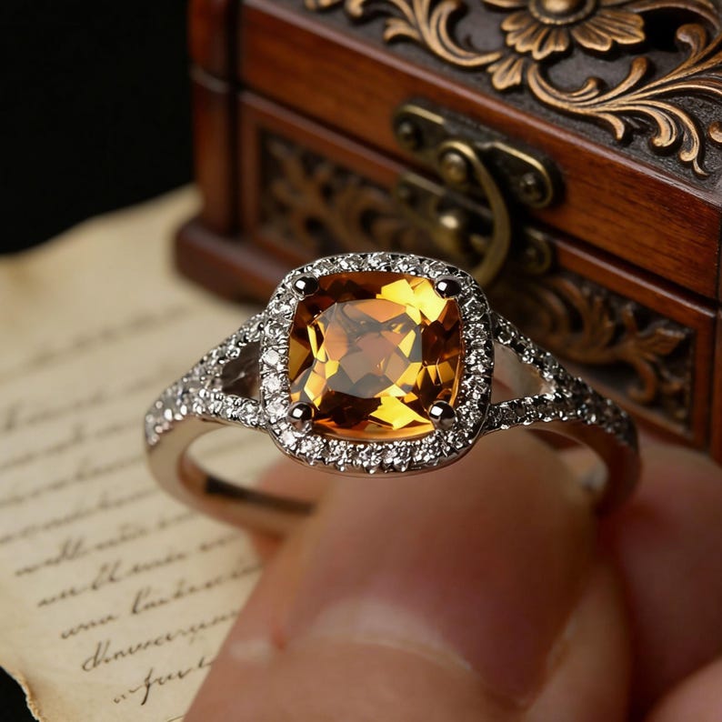 Pu&ograve; includere: Un anello d'argento con una grande pietra preziosa quadrata color ambra al centro, circondata da un alone di pietre pi&ugrave; piccole e trasparenti. La fascia dell'anello presenta ulteriori piccole pietre. L'anello &egrave; tenuto davanti a un cofanetto di legno.