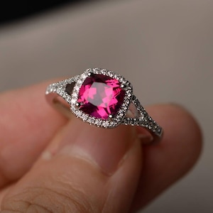 Lab Ruby Ring Wedding Ring Cushion Cut Red Gemstone July Birthstone Sterling Silver Ring