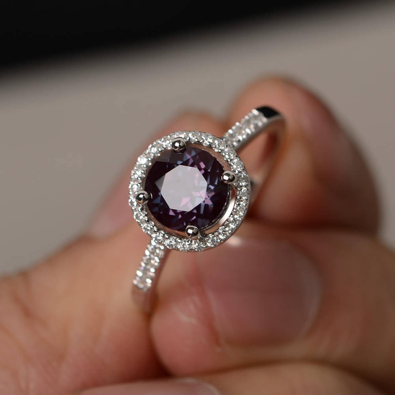 Alexandrite Ring Halo Ring Round Cut Engagement Ring Silver Color