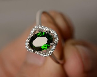 Chrom Diopsid Ring Oval Cut Grün Edelstein Ring Sterling Silber Versprechen Ring