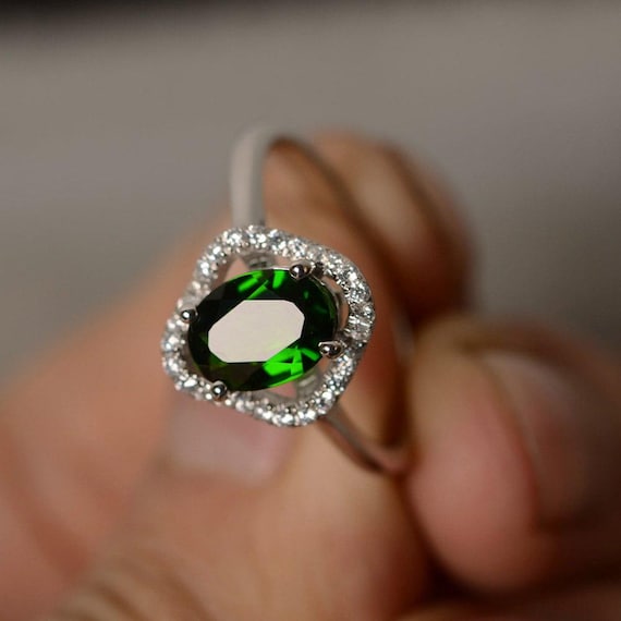 Chrome Diopside Ring Oval Cut Green Gemstone Ring Sterling Silver Promise Ring