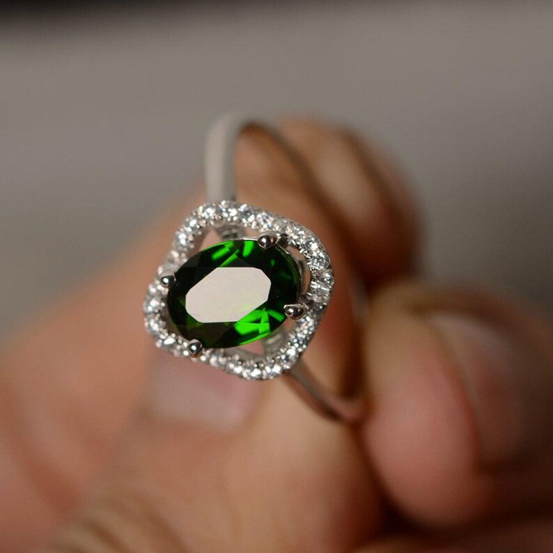 Chrome Diopside Ring Oval Cut Green Gemstone Ring Sterling Silver Promise Ring image 1