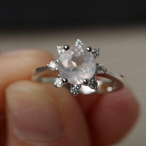 Natural Rose Quartz Ring Sterling Silver Engagement Ring Round Cut Pink Stone Ring