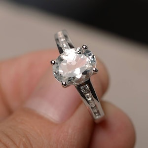 Natural White Topaz Ring Promise Ring Oval Cut Gemstone Ring Sterling Silver Ring