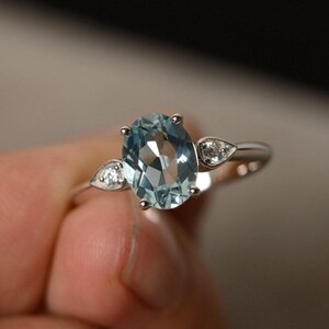Natural Aquamarine Ring Silver Oval Aquamarine Ring Engagement Ring image 2